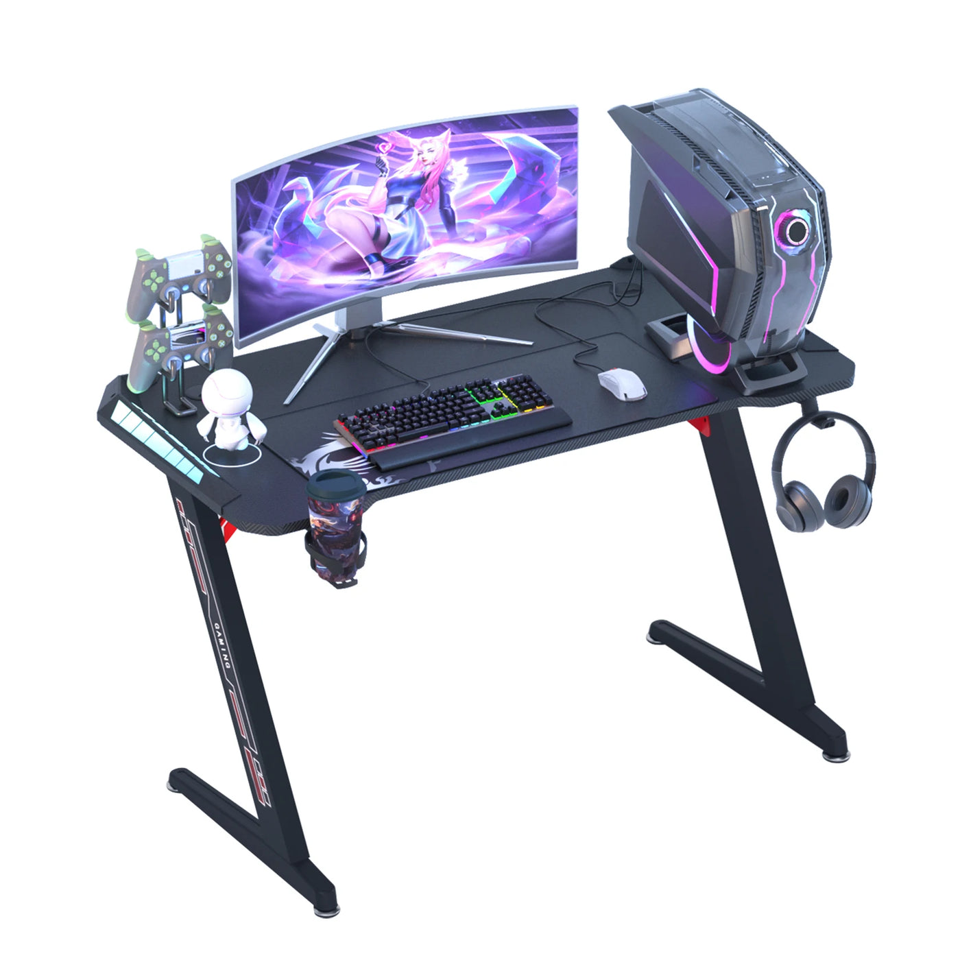 Z-Shaped Gaming Desk with RGB LED Lights